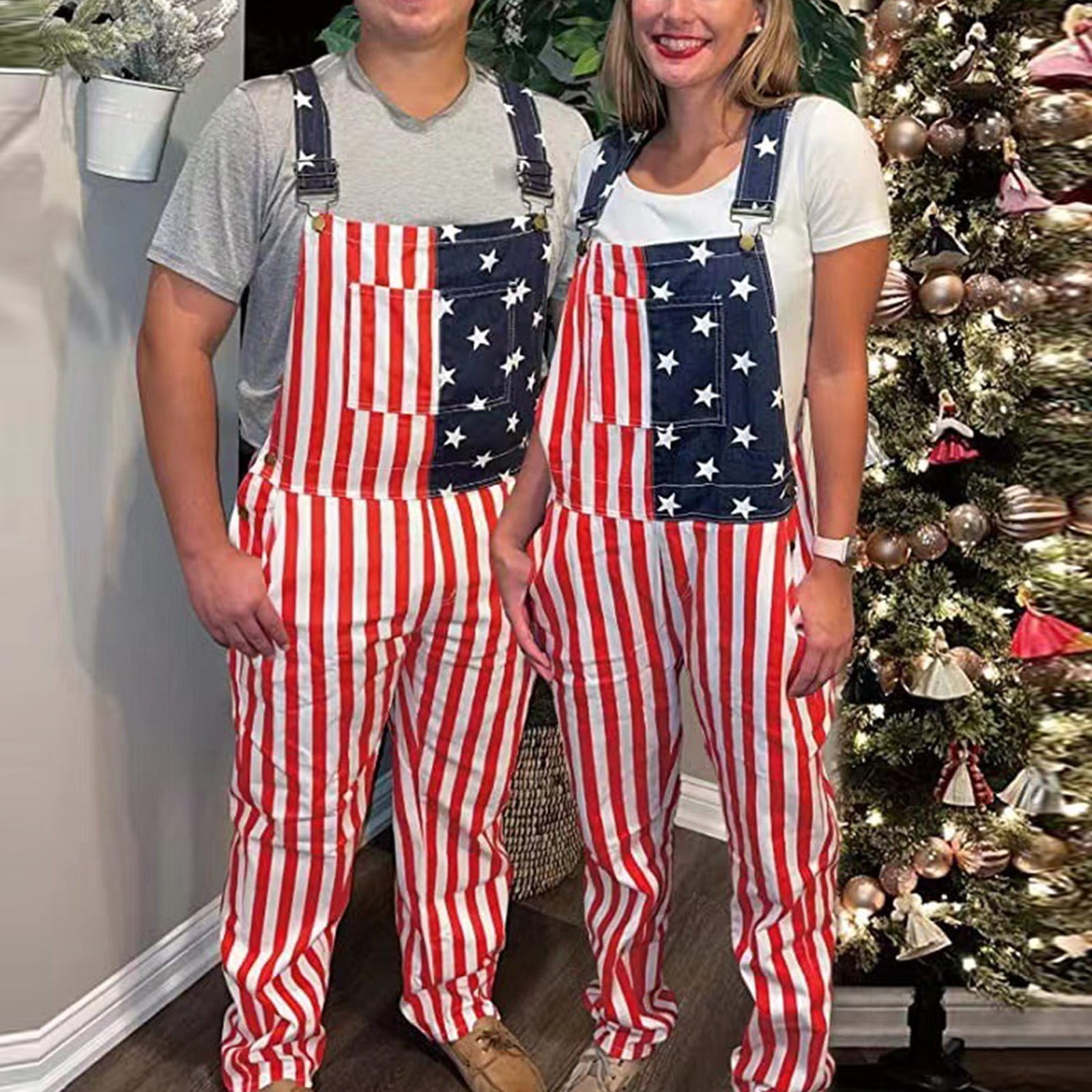 SENDKEEL Couple Style American Flag Overalls Denim Bib Patriotic USA