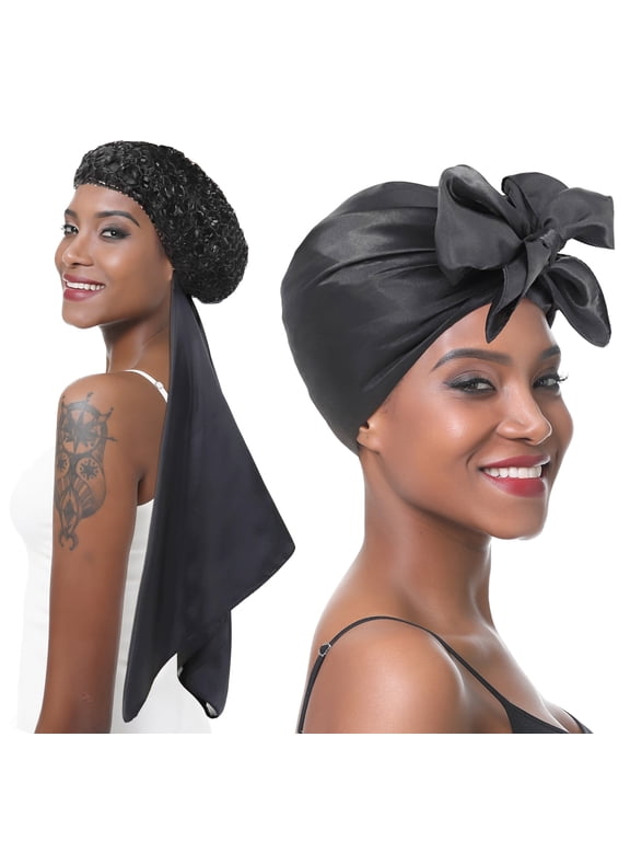 2 in 1 Wrap Cap Hair Net for Silk Press, Satin Scarf Hair Net Silk Press Wrap for Women Sleeping Curly Hair Care