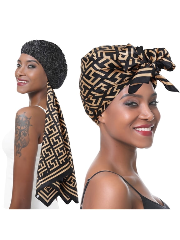 2 in 1 Wrap Cap Hair Net for Silk Press, Satin Scarf Hair Net Silk Press Wrap for Women Sleeping Curly Hair Care