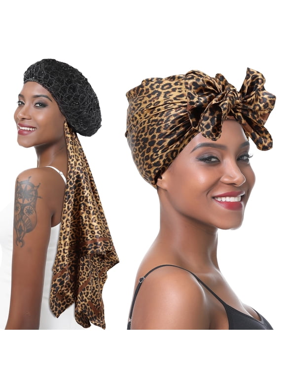 2 in 1 Wrap Cap Hair Net for Silk Press, Satin Scarf Hair Net Silk Press Wrap for Women Sleeping Curly Hair Care