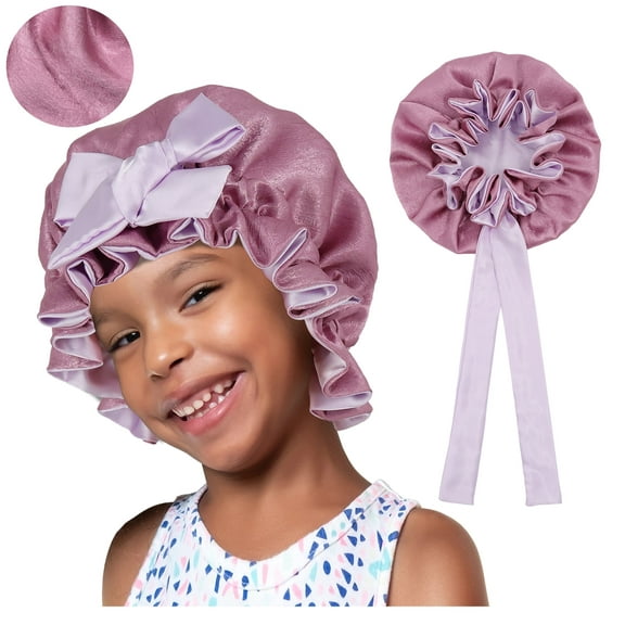 SENGTERM Kids Bonnet for Girls New Silk Bonnets for Kids,Double Layer Satin Bonnet,Tie Band Adjustable Sleep Cap for Child Curly Hair(3-12years)