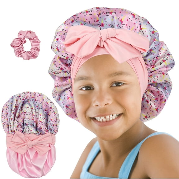 SENGTERM Kids Bonnet for Girls, Silk Bonnets for Kids Boys, Double Layer Reversible Satin Bonnet Sleep Cap for Child Curly Natural Hair(3-12Y)