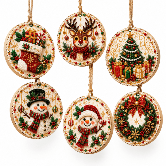SENGUI Christmas Wooden Ornaments DIY Set with Pearl-Look Details, Snowman, Reindeer, Stocking, Tree and Wreath Designs, Holiday Hanging Decorations, 6-Piece
