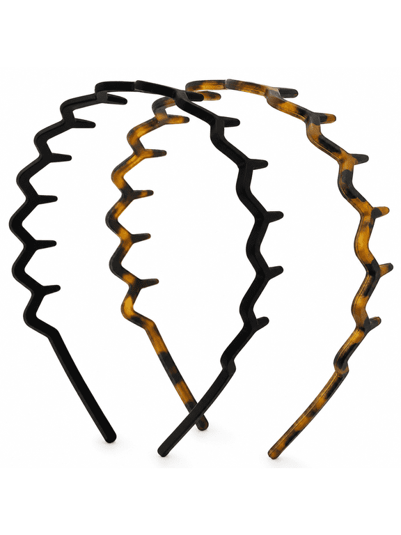 Plastic Zig Zag Headbands with Teeth for Women Men, Matte Black and Leopard Print, 2 pack