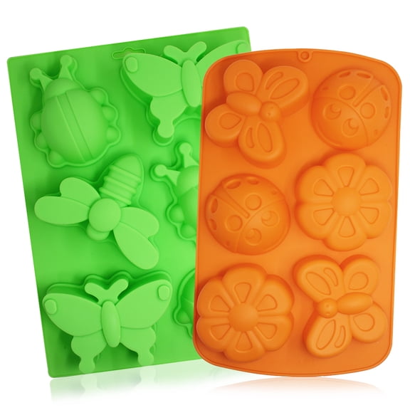 SENHAI 2 Pcs Insect Silicone Trays,  6-Cavity 3D Dragonfly Butterfly Ladybug Cake Baking Molds, DIY Handmade Muffin Biscuit Cookie Pans - Orange, Green