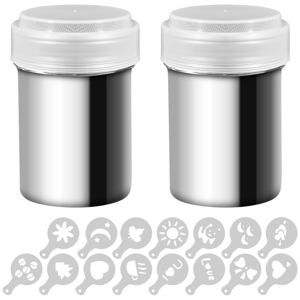 SENHAI 2 Set Sugar Dispenser Powder Shakers,  Stainless Steel Mesh Shaker Powder Cans for Coffee Cocoa Cinnamon Powder with Lid, with 16 Pcs Printing Molds Stencils - image 1 of 10
