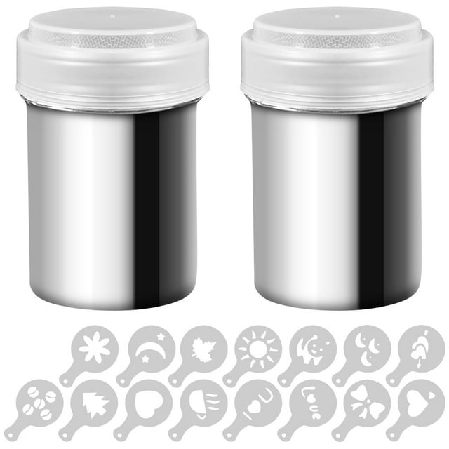 SENHAI 2 Set Sugar Dispenser Powder Shakers,  Stainless Steel Mesh Shaker Powder Cans for Coffee Cocoa Cinnamon Powder with Lid, with 16 Pcs Printing Molds Stencils