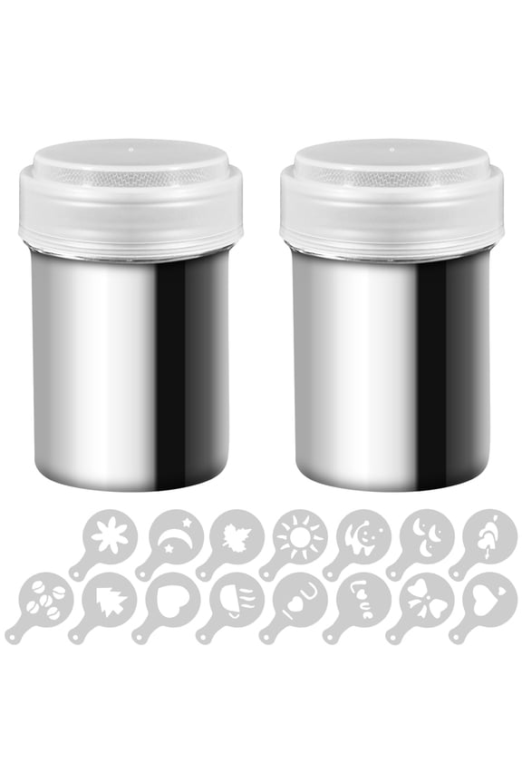 2 Set Sugar Dispenser Powder Shakers, Stainless Steel Mesh Shaker Powder Cans for Coffee Cocoa Cinnamon Powder with Lid, with 16 Pcs Printing Molds Stencils