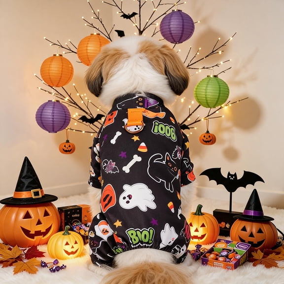 SENHAWK Halloween Dog Cat Pajamas Jumpsuit for Small Dogs, Soft Polyester Pet Onesie with D-Ring Leash Attachment, Cute Pumpkin Ghost Pattern Four-Legged Loungewear for Puppy Cat Fall Spring