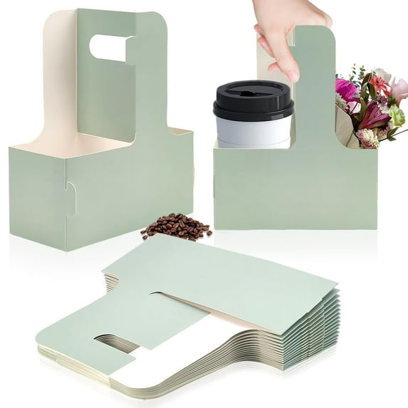 SENIURIS 2Cup Cardboard Cup Holder, Disposable Drink Carrier for Delivery with Handle, Coffee and Drinks Take Out Cup Carrier. ( Green,15Pcs)