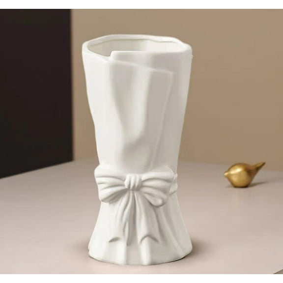 SENIURIS Beauty Bow Flower Vase for Home Decor, Boho Style Ceramic Vase for Table and Shelf Décor. (White)