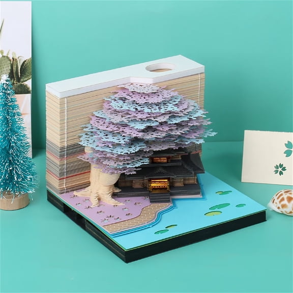 SENIURIS Cute Sticky Notes Pad with Holder, DIY 3D Kawaii Funny Creative Memo Pad,Desk Art Paper Card Craft Notepad with LED Light. (Light Purple Tree)