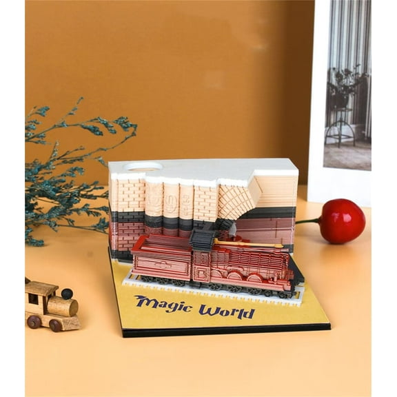 SENIURIS Cute Sticky Notes Pad with Holder, DIY 3D Kawaii Funny Creative Memo Pad,Desk Art Paper Card Craft Notepad with LED Light. (Magic Train)