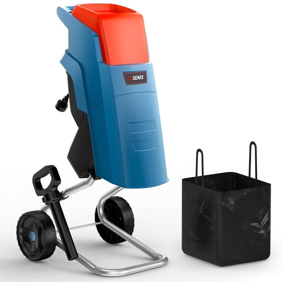 SENIX 15 Amp Electric Wood Chipper, Shredder, Corded Mulchers - 1.6 inch Cutting Diameter, 1.3 Bushel Collection Bag, 22:1 Reduction, Max Speed 4000RPM