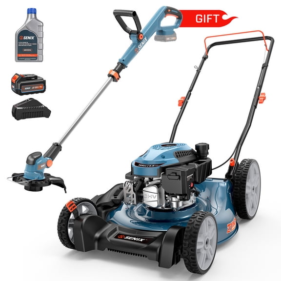 SENIX 144cc 21" Gas Push Lawn MowerGift Includes 20V Battery Weed Eater Grass Trimmer2.5Ah Battery