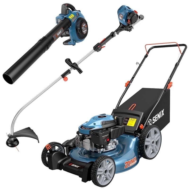 SENIX Kit w/LSPG-M14/GTC4QL-L/BL4QL-L, 144cc 21-inch Gas Push Lawn Mower 3-in-1, 26.5 cc 17" String Trimmer and 4-Cycle 410 CFM Leaf Blower Kit, M14-GTC-BL4QL