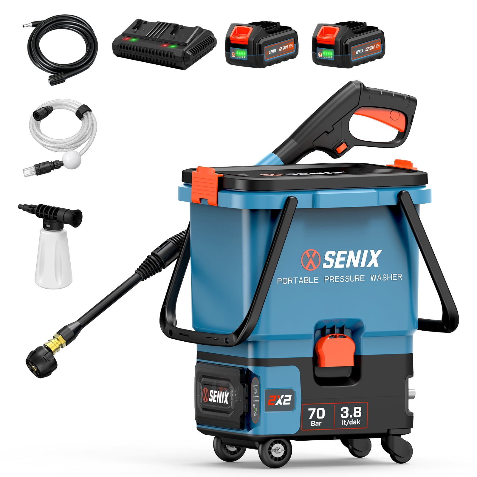 SENIX 1522 PSI 40V Brushless Cordless Pressure Washer, 1.27GPM Portable Power Washer with 5-in-1 Adjustable Nozzle, 16.4ft Hose, 2 x 5.0Ah Batteries & Dual-port Charger Included, HPWX2-M2
