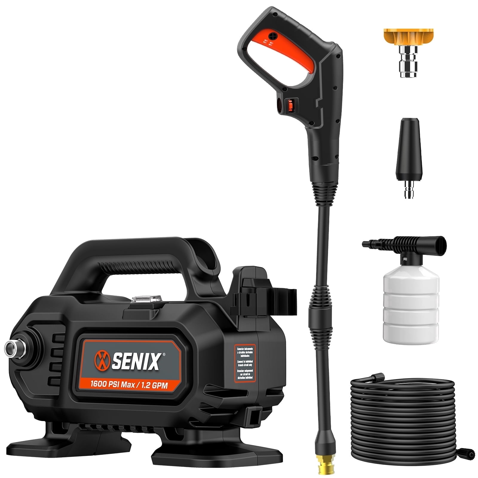 SENIX 1600 PSI Electric Pressure Washer 1.2 GPM, 11 Amp Motor, 20ft Hose, Quick-Connect Nozzles HPWE11-L