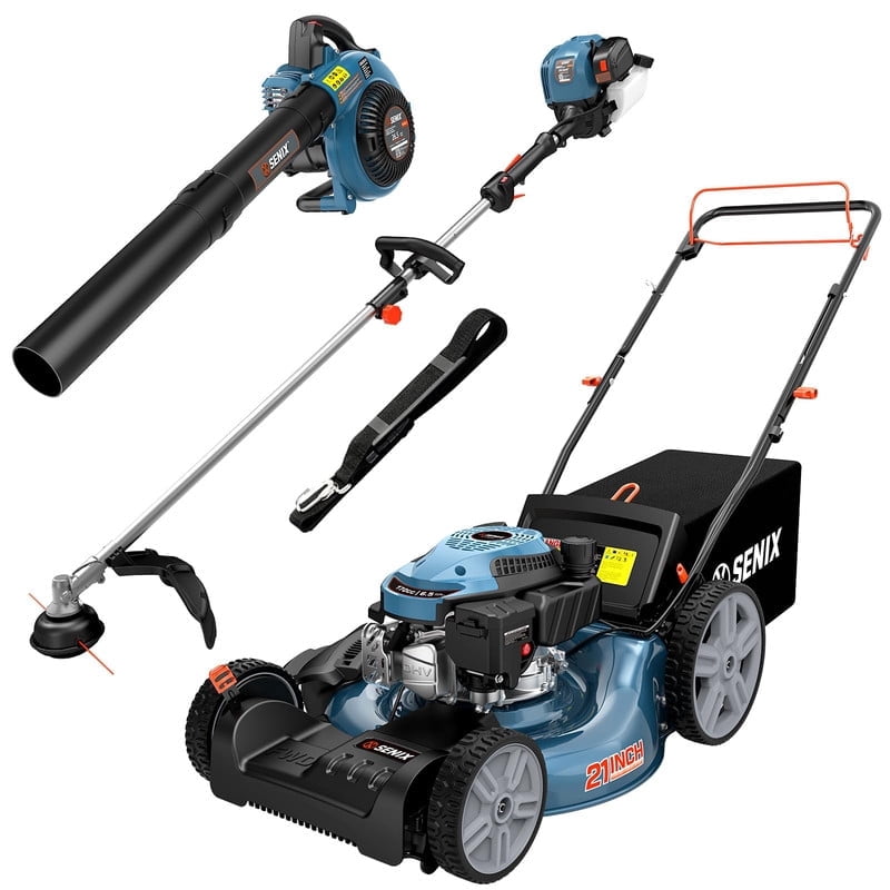 SENIX Kit w/LSSG-M10/GTS4QL-L/BL4QL-L, 170cc 21-inch Self Propelled Gas Lawn Mower 3-in-1, 26.5 cc 17" String Trimmer and 4-Cycle 410 CFM Leaf Blower Kit, M10-GTS-BL4QL