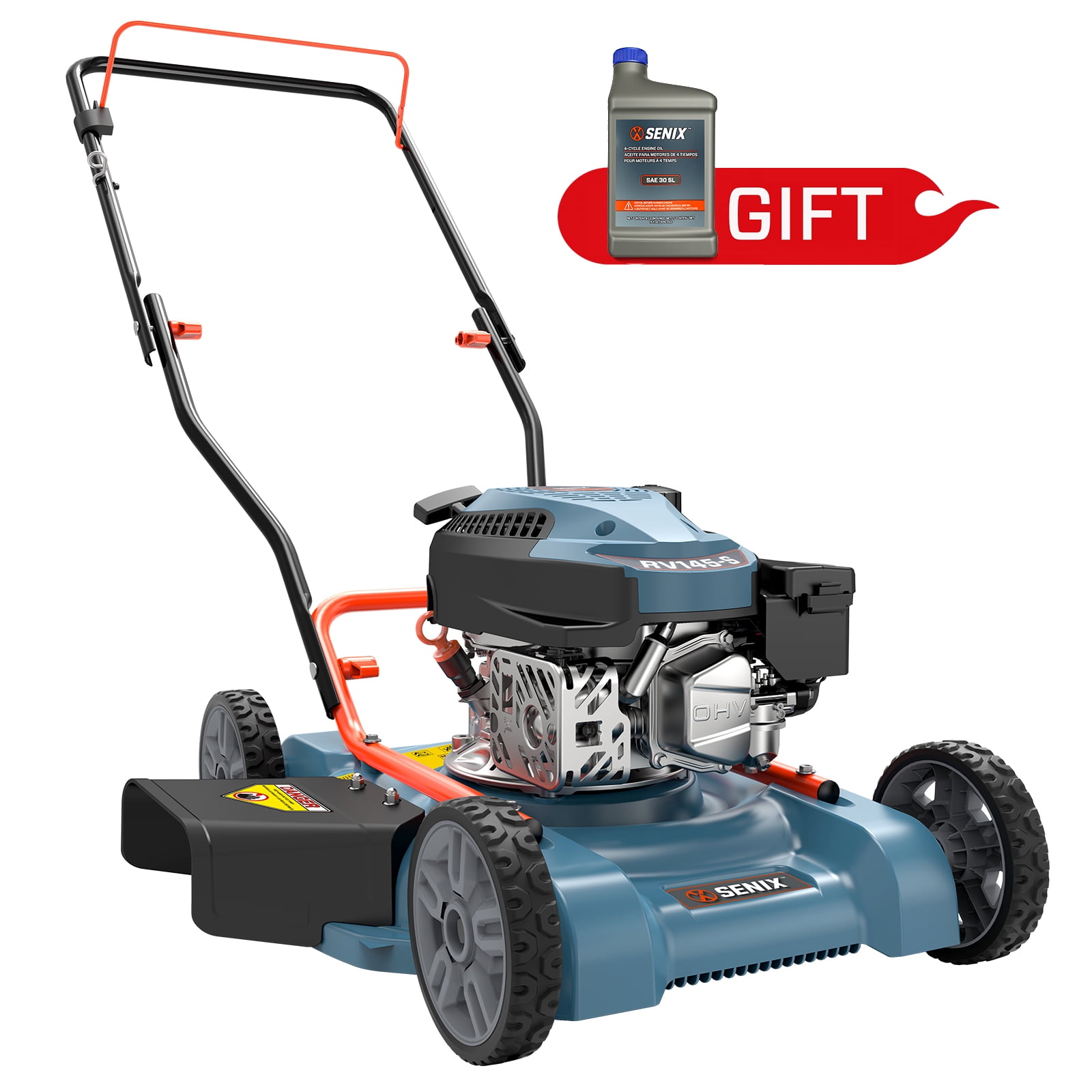 SENIX Gas Lawn mower, 18in Cutting Blade / 19in Cutting Deck, 144cc 4-Cycle Engine Push Mower with Side Discharge