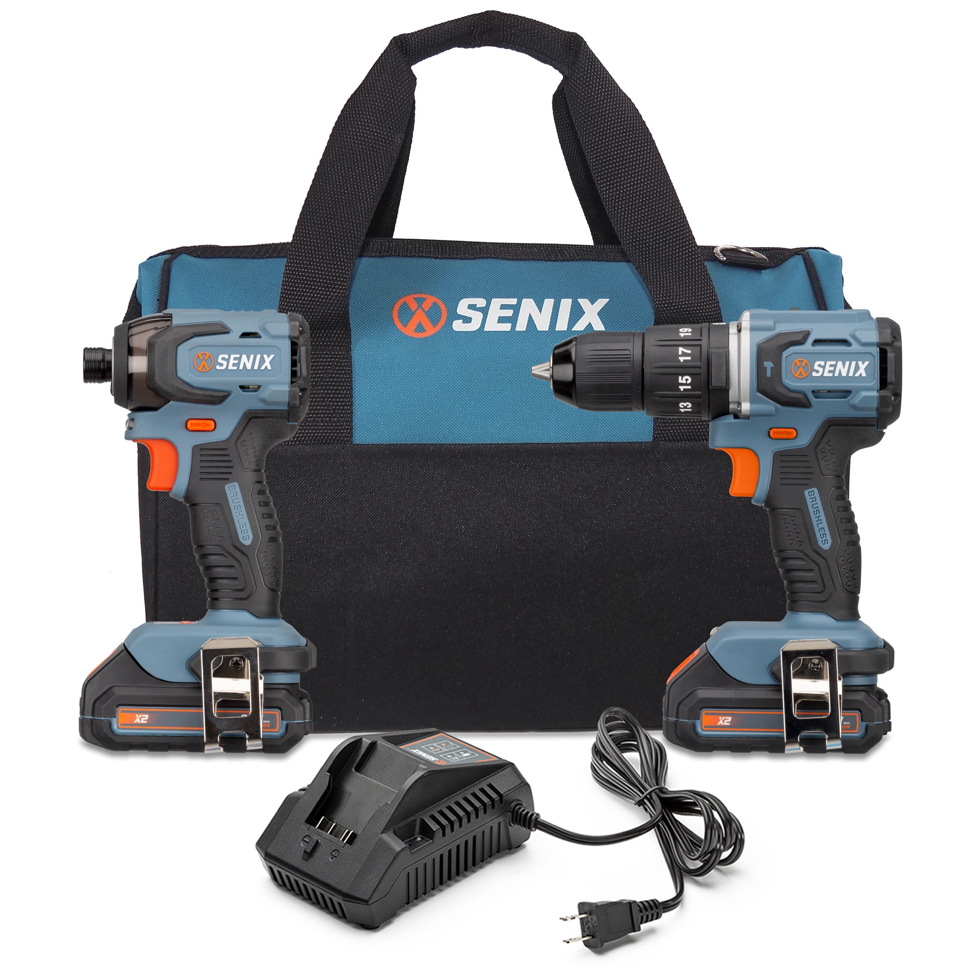 SENIX 20 Volt Max* 2-Tool Cordless Brushless Combo Kit, 1/2-Inch Hammer Drill Driver & 1/4-Inch Impact Driver (2 x Batteries and 1 x Charger Included), S2K2B2-02