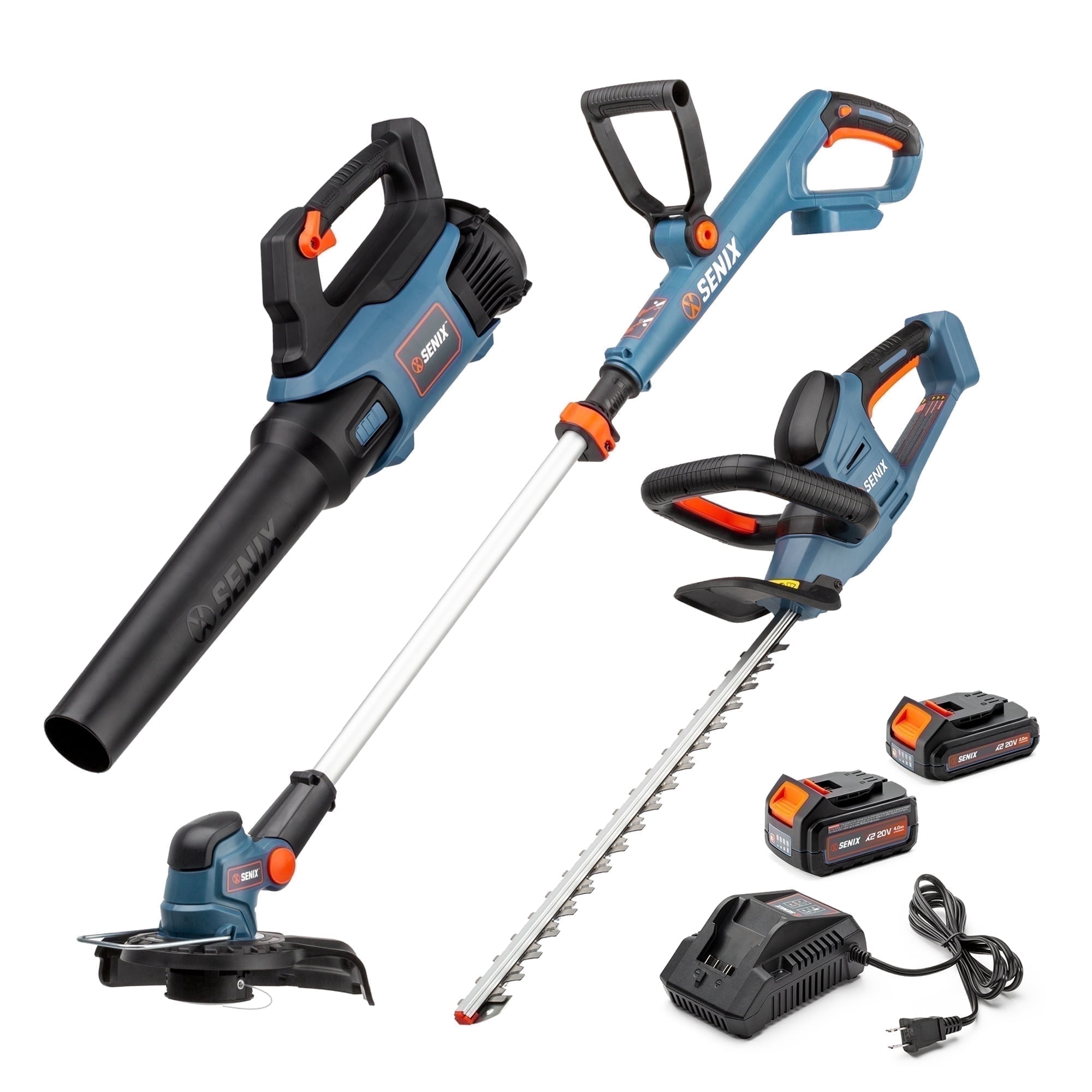 SENIX 20V 3-Tool Kit, 10-Inch String Trimmer, Leaf Blower & 21-Inch Hedge Trimmer (2*4 Ah Battery and 2A Charger Included) S2K3B2-01