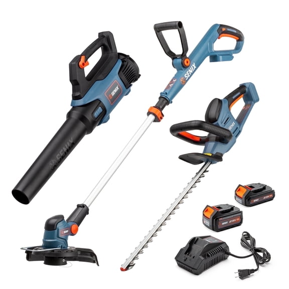 SENIX 20V 3-Tool Kit, 10-Inch String Trimmer, Leaf Blower & 21-Inch Hedge Trimmer (2*4 Ah Battery and 2A Charger Included) S2K3B2-01