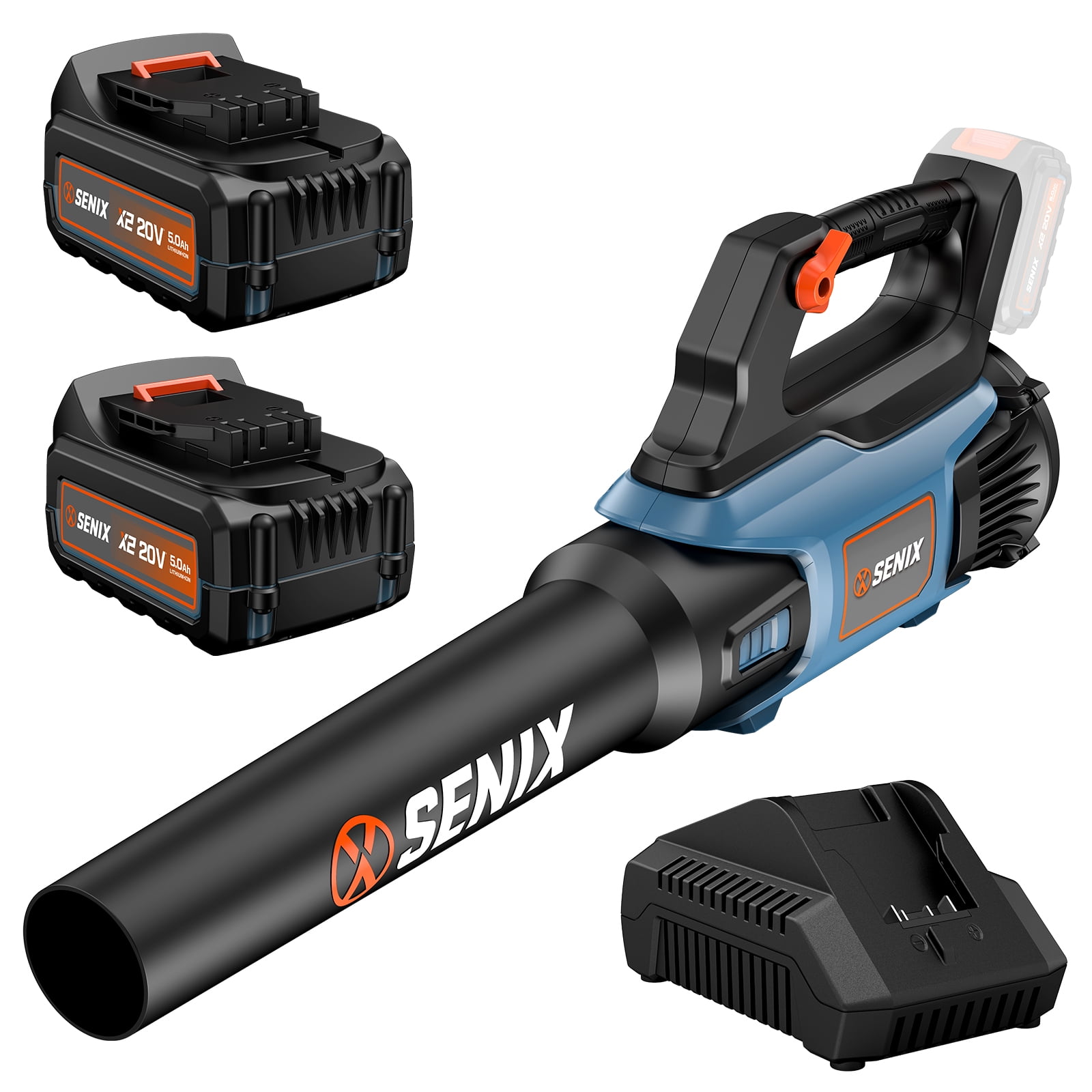 SENIX 20 Volt Max* Cordless Brushless Battery Leaf Blower with 2 X 5AH Batteries and Charger, Up to 450 and 100 MPH, Variable Speed, Lightweight, X2BLM3-BDL2
