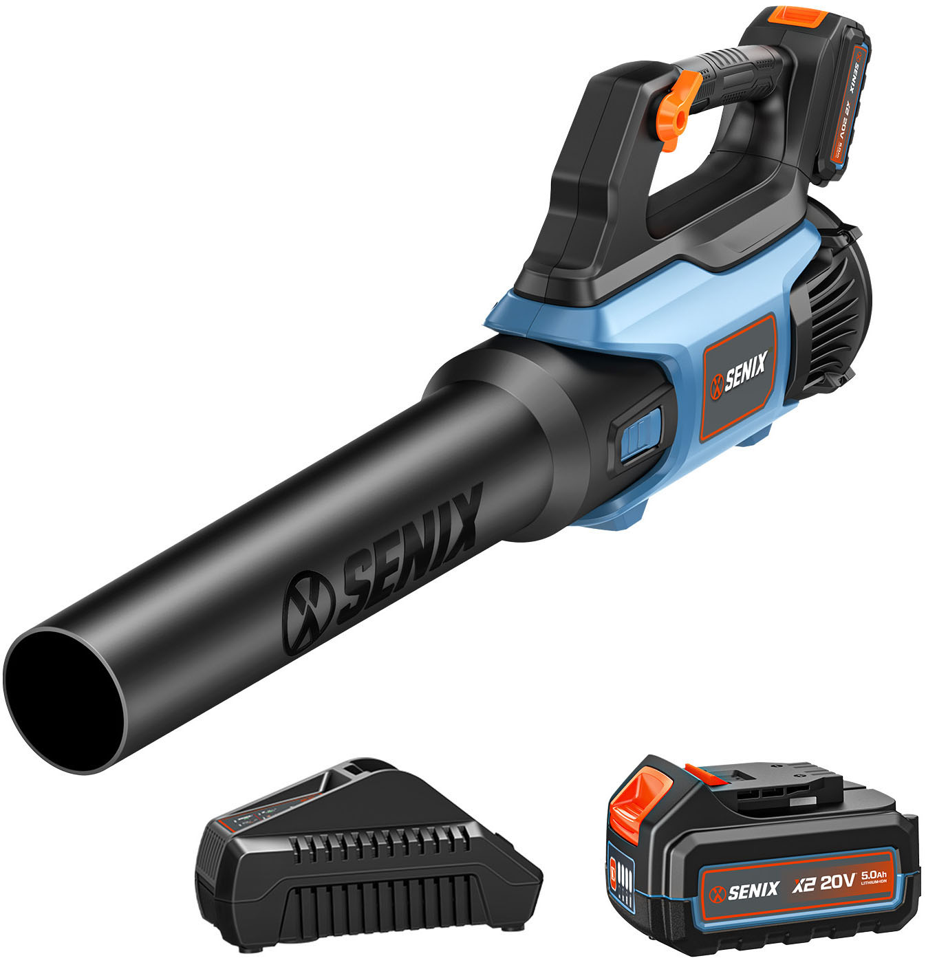 SENIX 20 Volt Max* Cordless Brushless Leaf Blower with 5.0Ah Battery & Charger Included, Variable Air Speeds Up To 450 CFM 100 MPH, BLAX2-M3