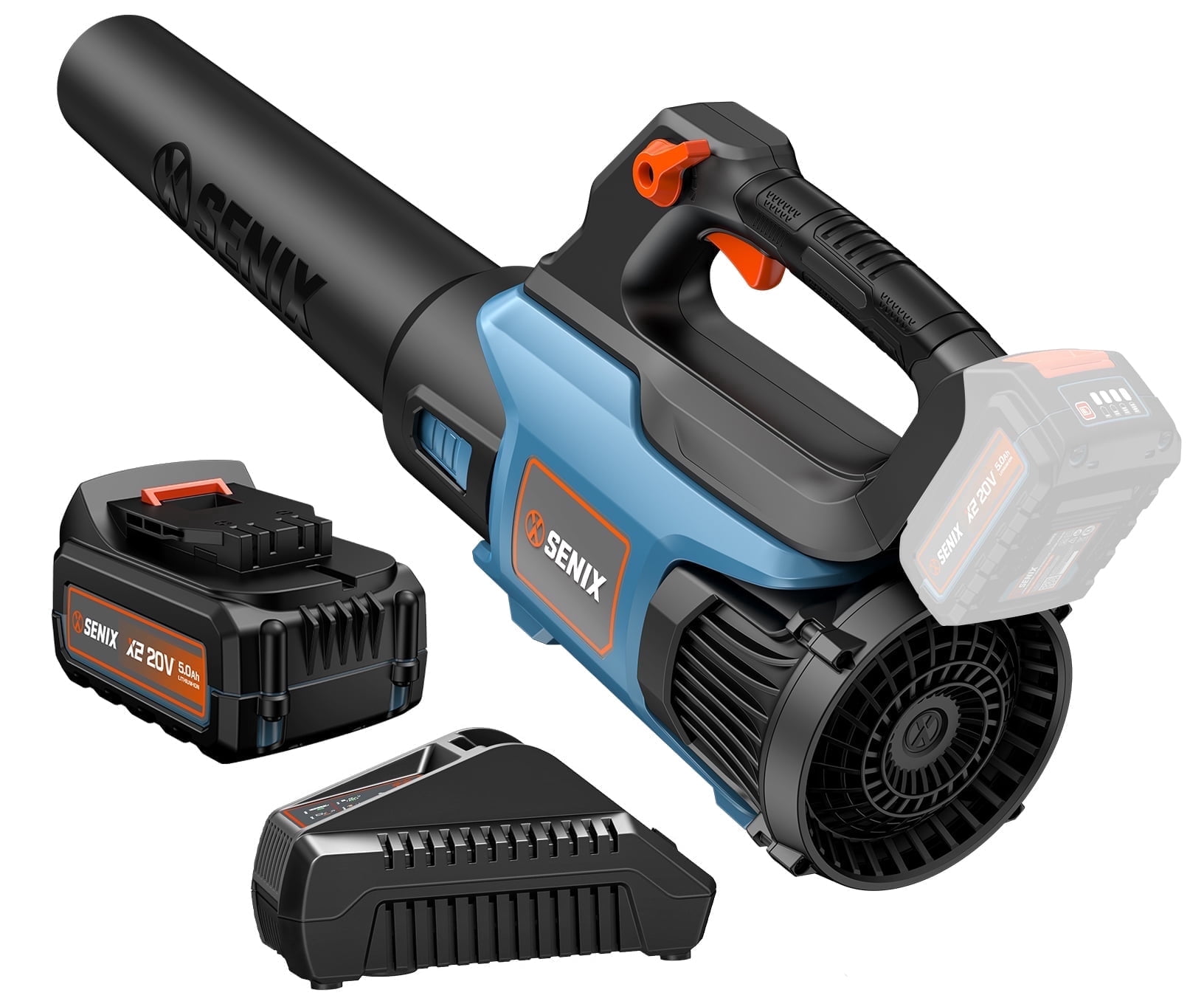SENIX Tools SENIX 20 Volt Max* Cordless Brushless Leaf Blower with 5.0Ah Battery & Charger Included, Variable Air Speeds Up To 450 CFM 100 MPH, BLAX2-M3