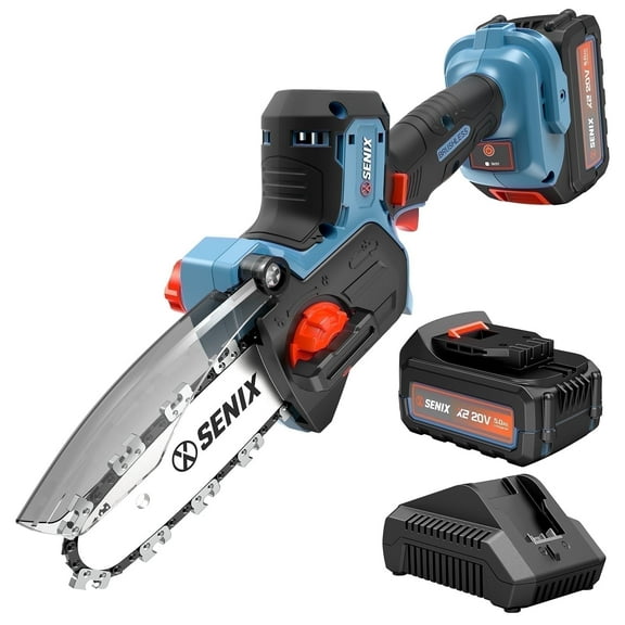 Senix 20V Brushless Mini Chainsaw 5-Inch Cordless, Tool-Free Chain Tension, 5Ah Battery & Charger Included