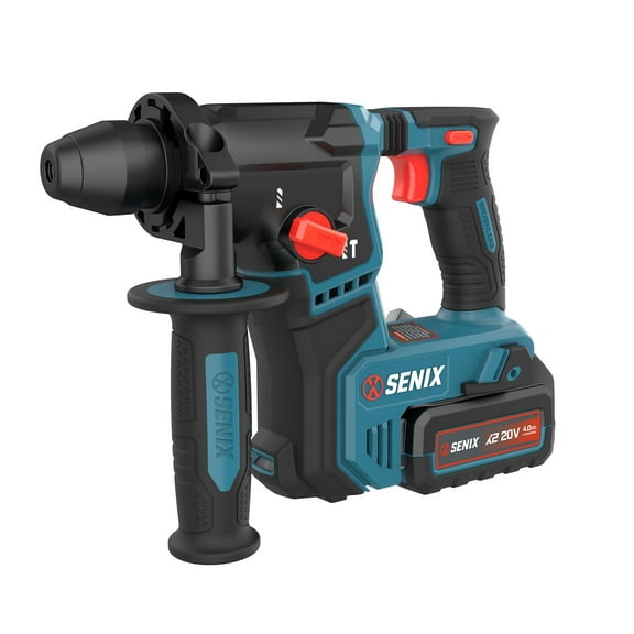 SENIX 20 Volt Max* SDS-Plus Cordless 5/8" Rotary Hammer Drill with Brushless Motor, Auxiliary Handle, Dual Function, & Vibration Control, Battery, Charger, & Storage bag Included (PDRX2-M2)