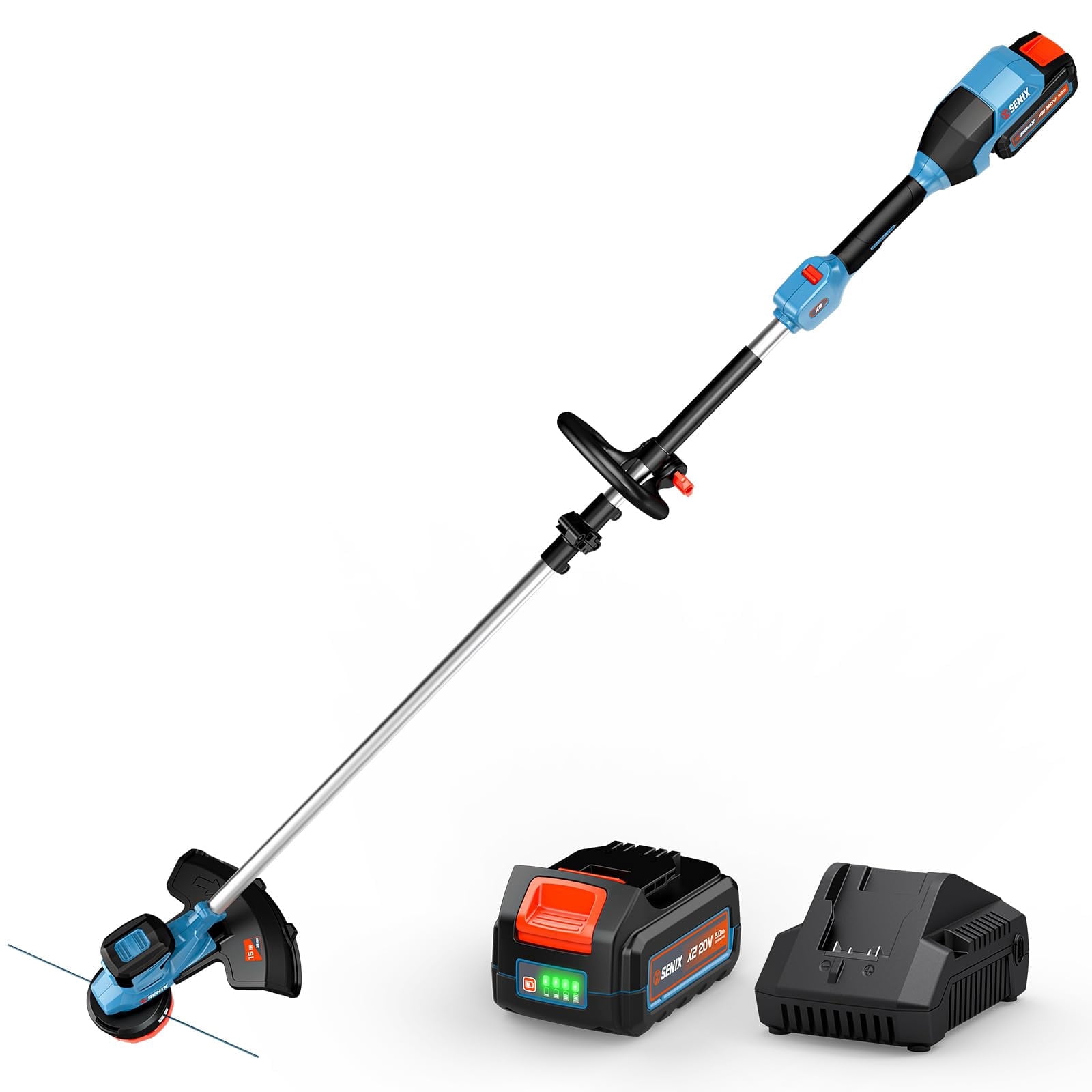 SENIX Tools SENIX 20V 15" Cordless Brushless String Trimmer, 2-Speed Control, Semi-Automatic Line Feed, 0.08" Dual Line, 5.0Ah Battery & Charger Included, GTX2-M3