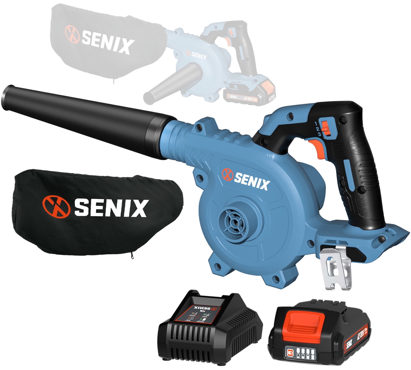SENIX Tools SENIX 20V Max Cordless 2-in-1 Jobsite Blower/Vac, Up to 75 CFM and 180 MPH, 3-speed Mode, 2.5Ah Battery & Charger Included, BLVX2-M