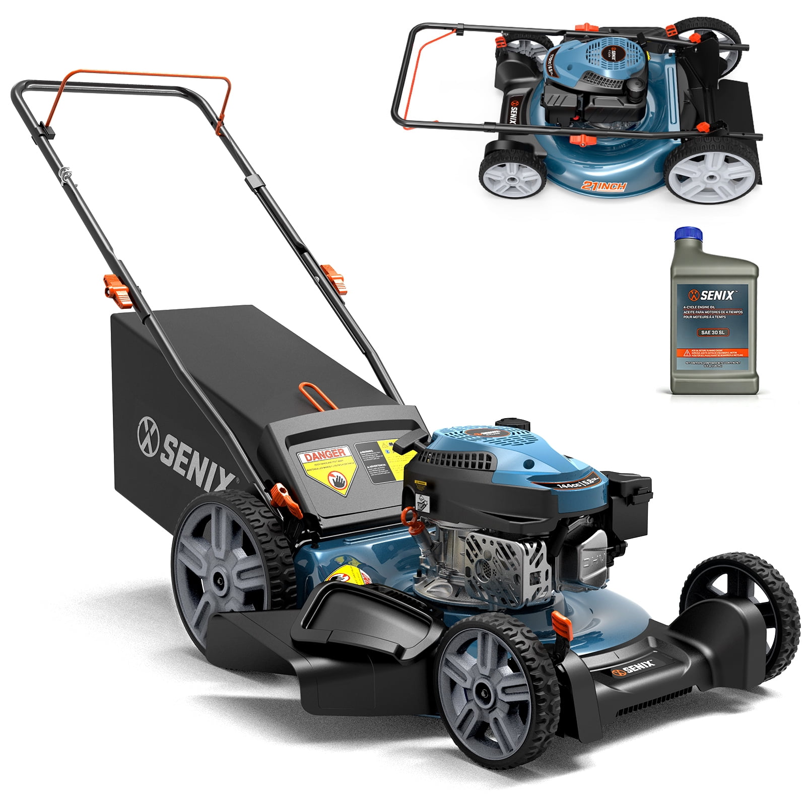 SENIX 21" 144cc Gas Lawn Mower, 4-Stroke Engine, 3-in-1, 6-Height Adjustment, 11" Rear Wheels, 16 Gal Bag