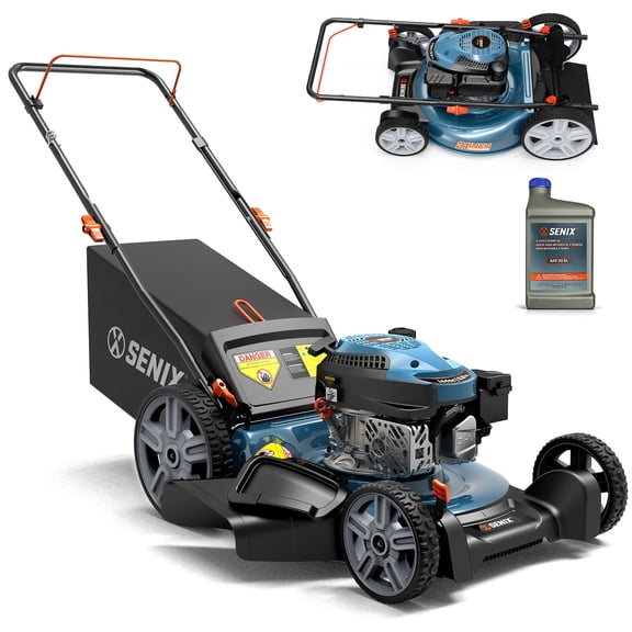 SENIX 21" 144cc Gas Lawn Mower, 4-Stroke Engine, 3-in-1, 6-Height Adjustment, 11" Rear Wheels, 16 Gal Bag