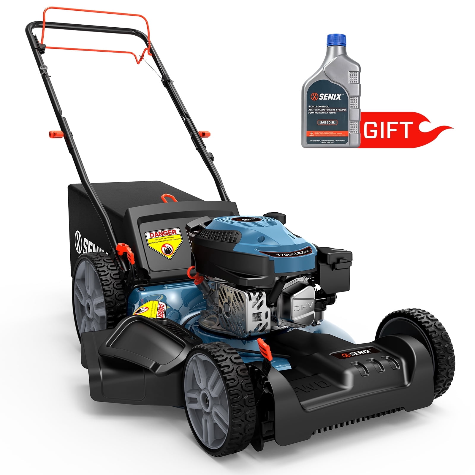 SENIX 170cc 21" Self-Propelled Gas Lawn Mower with 3-in-1 Mulch/Bag/Side Discharge, 6 Height Adjustment Push Mower