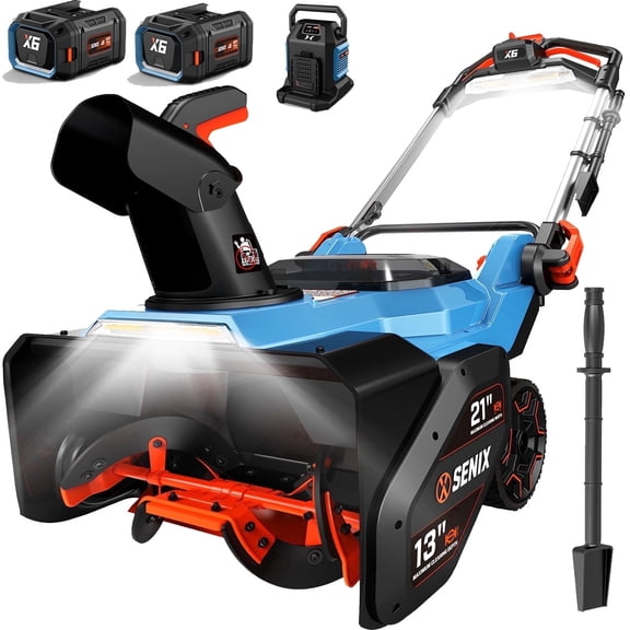 SENIX 60V*2 MAX 21"Cordless Auger-Propelled Snow Blower, Stepless Speed, Heated Handles, Variable-Speed Steel Auger,16000mAh Batteries, Dual-Port Fast Charger, Dual LED Lights,45ft Throw,1200 lbs/Min
