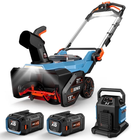 SENIX 60V*2 21"Auger-Propelled Self-Propelled Cordless Snow Blower with Heated Grips,Stepless Speed,Variable-Speed Steel Auger,2*8.0 Ah Batteries,Dual-Port Fast Charger, Dual LED Lights, 45ft Throw,