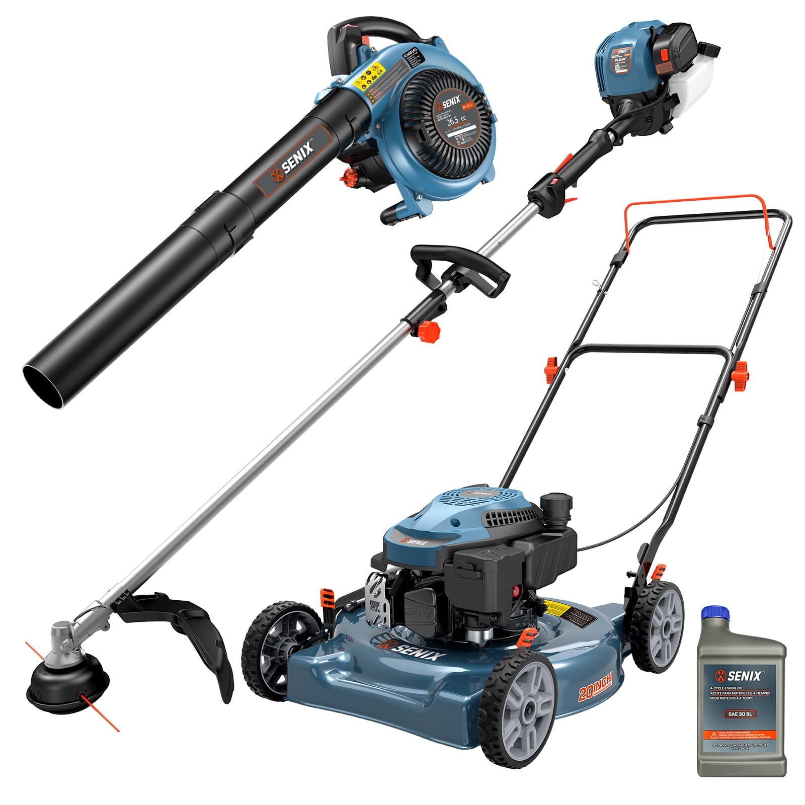 SENIX 3-Tool Combo Kit w/ LSPG-L5, GTS4QL-L, BL4QL-L: 144cc 20-Inch Gas Push Lawn Mower, 26.5cc 4-Cycle 410 CFM Leaf Blower & 17-Inch String Trimmer