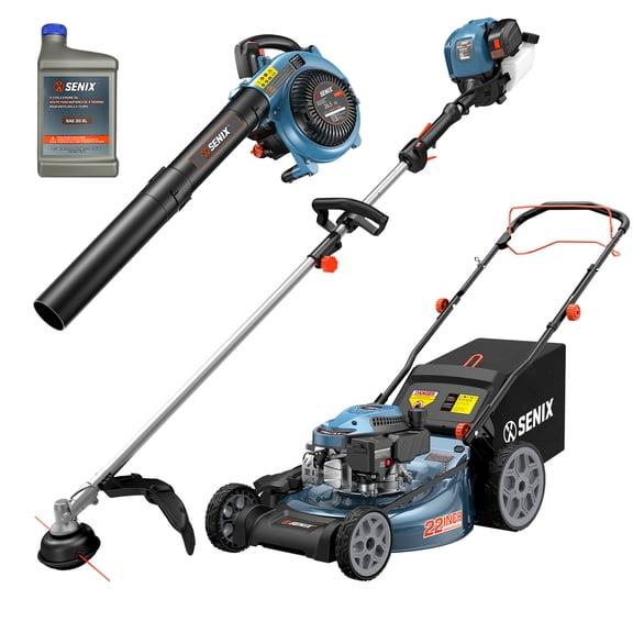 SENIX 3-Tool Combo Kit w/ LSSG-H4, BL4QL-L & GTS4QL-L: 170CC 22" Self-Propelled Gas Lawn Mower, 26.5cc 4-Cycle 410 CFM Leaf Blower & 17" String Trimmer