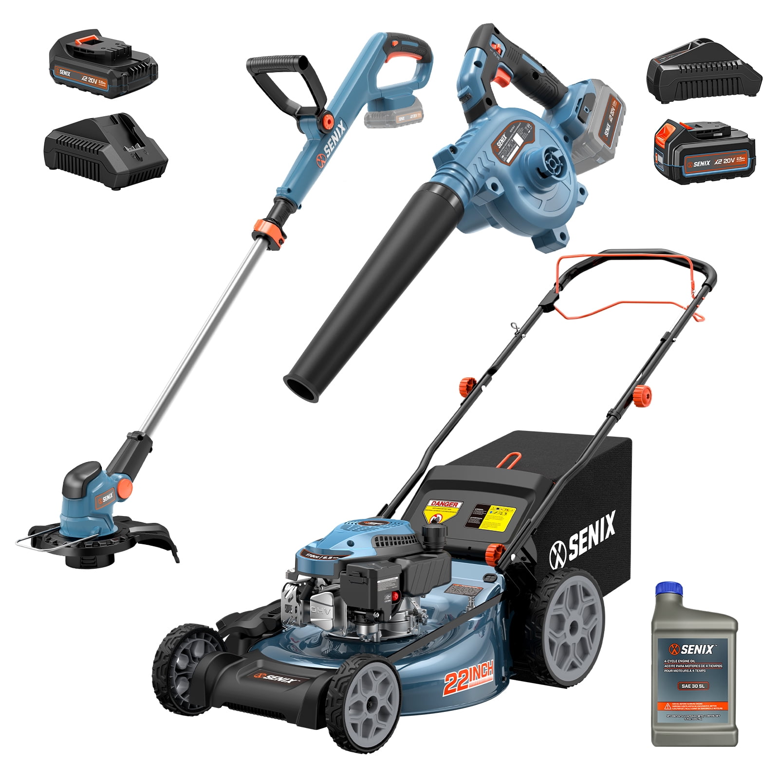 SENIX 3-Tool Combo Kit w/ LSSG-H4, BLX2-M, GTX2-M: 170CC 22" Self-Propelled Gas Lawn Mower, 20V 75 CFM Cordless Blower & 10" Cordless String Trimmer, Batteries & Chargers Included