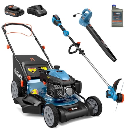 SENIX 3-in-1 Outdoor Power Equipment Combo|201cc Self-Propelled Gas Lawn Mower,20V 15"Cordless Brushless String Trimmer,Leaf Blower,Included Batteries&Chargers