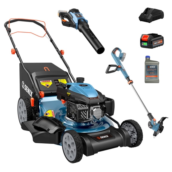 SENIX 3-in-1 Outdoor Power Equipment Combo|201cc Self-Propelled Gas Lawn Mower,20V Max 10"Cordless Grass String Trimmer,Leaf Blower,Included Batteries & Chargers
