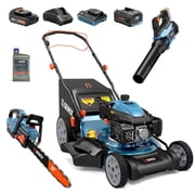 SENIX 3-in-1 Outdoor Power Equipment Combo|201cc Self-Propelled Gas Lawn Mower,60V Brushless Cordless Chainsaw,Cordless Leaf Blower,Included Batteries&Chargers