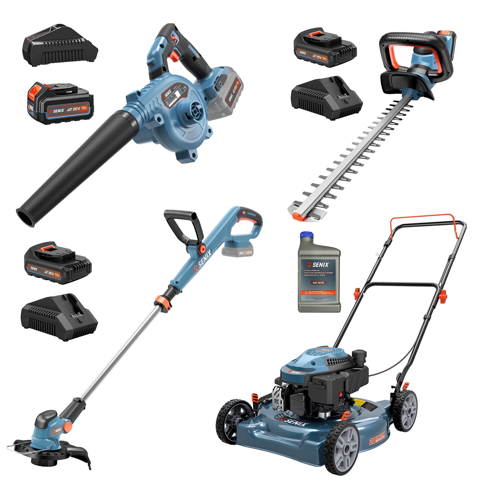 SENIX 4-Tool Combo: 144cc 20" Gas Mower, 20V Cordless 75 CFM Blower, 21" Hedge Trimmer & 10" String Trimmer, Batteries & Chargers Included