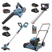 SENIX 4-Tool Combo 144cc 20" Gas Mower, 20V Cordless 75 CFM Blower, 21" Hedge Trimmer & 10" String Trimmer, Batteries & Chargers Included