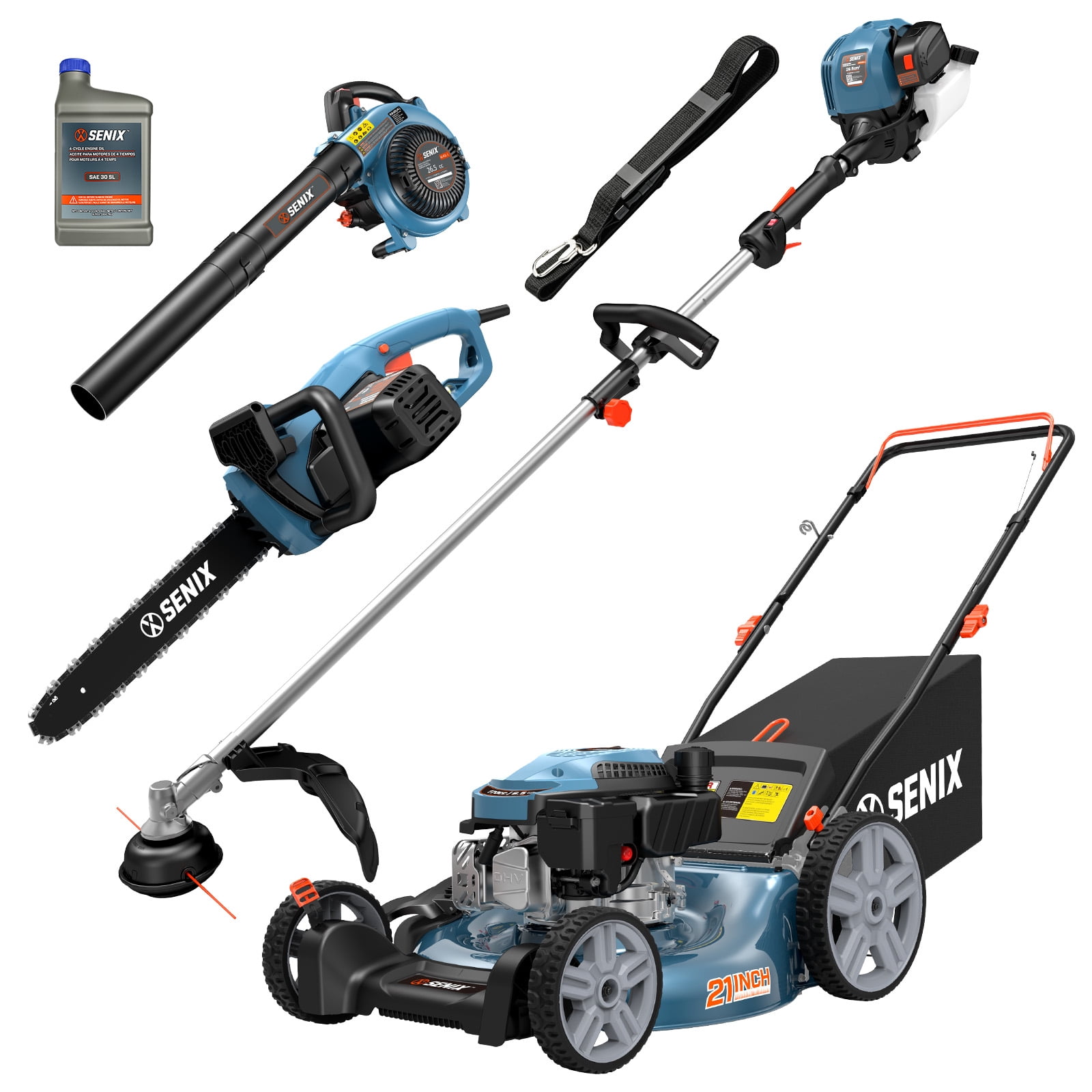 SENIX 4-Tool Combo Kit, 21" 144cc Push Lawn Mower, 410 CFM 26.5cc Leaf Blower, 17" 26.5cc String Trimmer & 18" 15Amp Chainsaw, LM14-B4QL-GTS4QL-CSE15-M