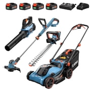 SENIX 4-Tool Combo Kit, 40V 15" Cordless Lawn Mower, 20V 10" String Trimmer, 350 CFM Leaf Blower & 21" Hedge Trimmer, 4 x 4.0Ah Batteries & Chargers Included