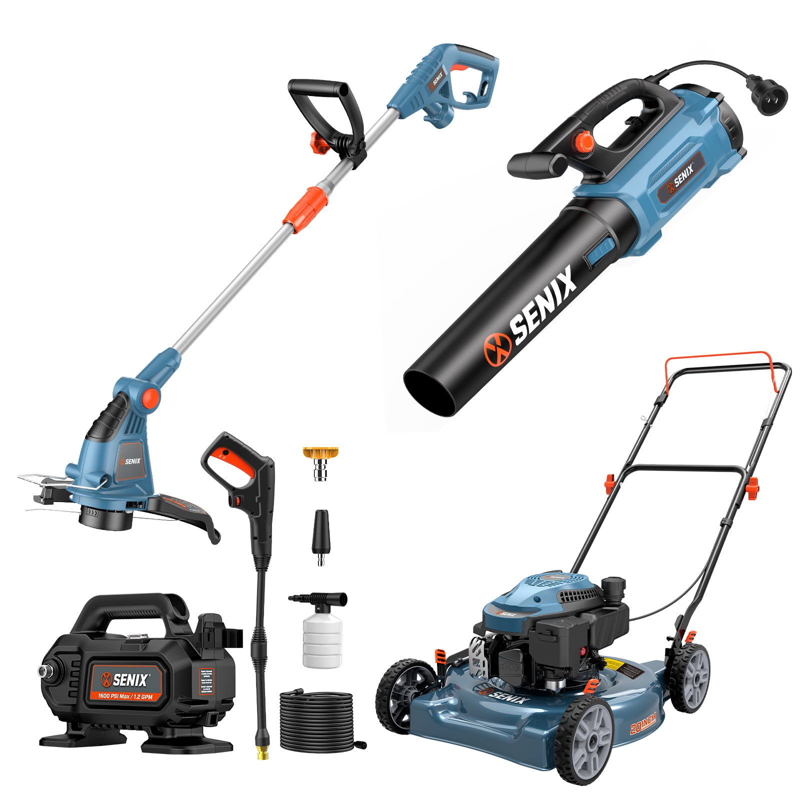 SENIX 4-Tool Combo Kit w/ LSPG-L5, GTE04-M, BLAE12-M, HPWE11-L: 144cc 20" Gas Mower, 4-Amp 13" Electric Weed Edger, 12-Amp 700 CFM Electric Blower & 11-Amp 1600 PSI Electric Pressure Washer